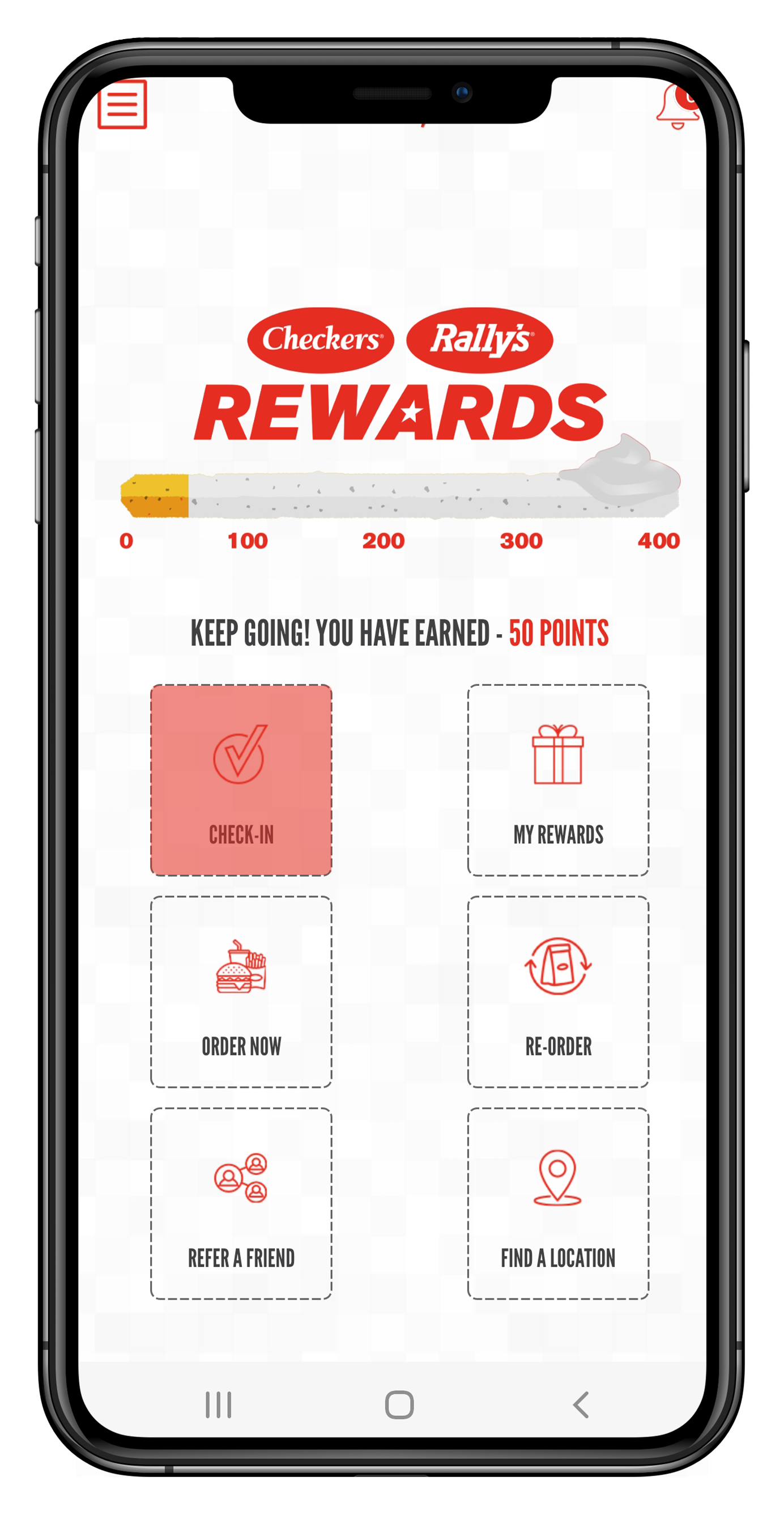 Checkers & Rally's Rewards App Check In and Earn Screen